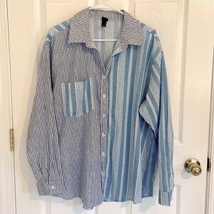 Large Wild Fabe Women's Blue Striped V Neck Button Down Loose Casual Top